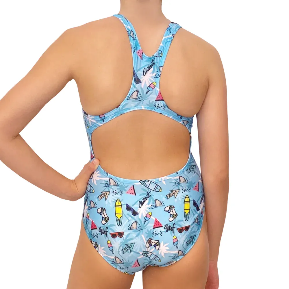 Extra Life Fastback Swimsuit in Cartoon Summer Beach Theme on Light Blue - Image 2